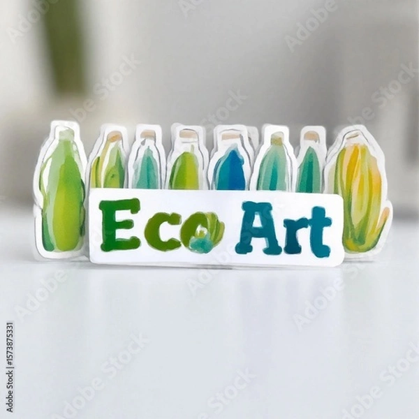 Fototapeta Eco-art display with colorful bottles and green heart logo
