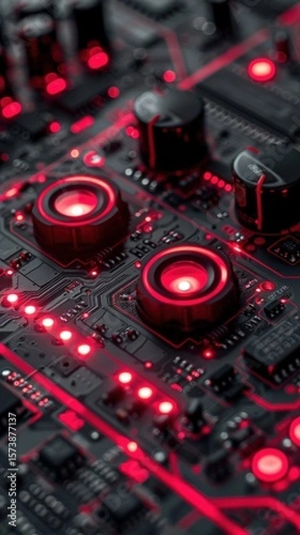 Fototapeta Close-Up View of Red and Black Circuit Board with LED Lights