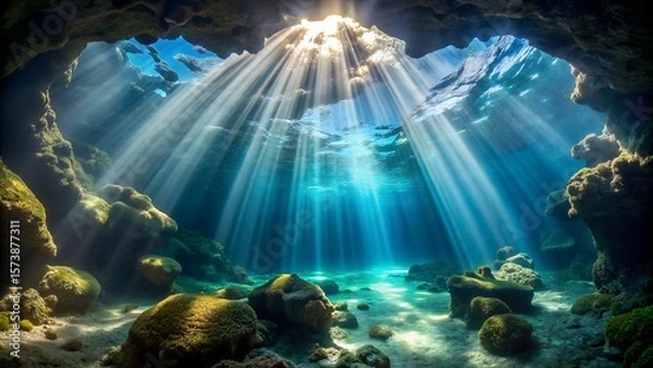 Obraz Photo of sunlight streams into an underwater cave, illuminating the marine environment