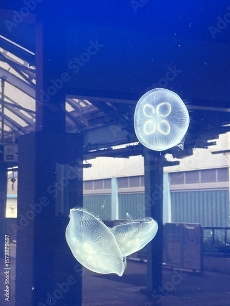 Fototapeta ミズクラゲの水槽に反射する駅のホーム