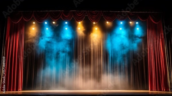 Fototapeta Empty stage with red curtains and colorful lighting.
