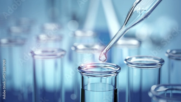 Fototapeta Drop of liquid into test tubes in laboratory, Medicine and science concept, 3D rendering