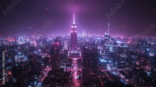 Obraz Futuristic Digital Cityscape with Neon Lights and Flowing Data Streams in a High-Tech Urban Atmosphere
