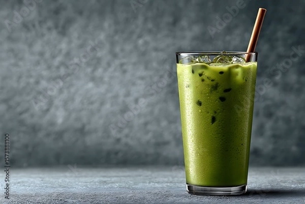 Obraz **A Chilled Matcha Latte Served In A Clear Glass With Visible Matcha Swirl, Ice Cubes, And A Bamboo Straw. Background Is Modern Café-Style Concrete Surface With Bright Daylight. Copy Space On The Lowe
