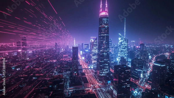Obraz Futuristic Digital Cityscape with Neon Lights and Flowing Data Streams in a High-Tech Urban Atmosphere