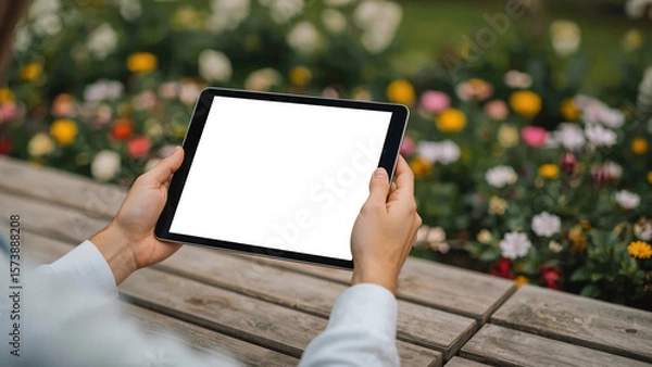 Obraz Hands Holding Tablet with Blank Screen in Natural Outdoor Setting for App Mockup or UI Presentation
