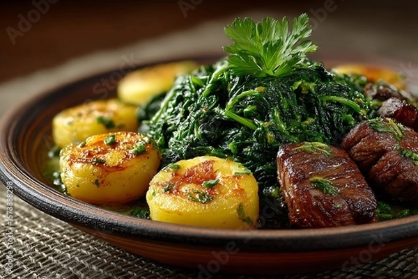 Obraz **A Colorful Serving Of Cameroonian Ndolé Stewed Bitterleaf Greens Cooked With Groundnuts And Shrimp, Garnished With Slices Of Boiled Plantains And Grilled Beef. The Meal Is Plated In A Clay Bowl With
