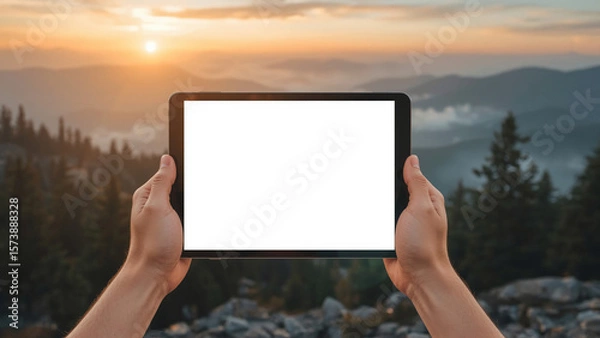 Obraz Hands Holding Tablet with Blank Screen in Natural Outdoor Setting for App Mockup or UI Presentation