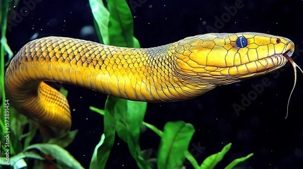 Fototapeta Close-up of a yellow snake with dark scales.