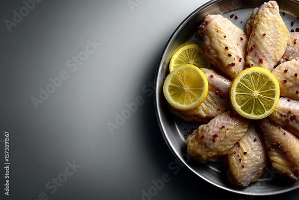 Obraz **A Clean, Top-Down Shot Of Raw Chicken Wings Arranged In A Circular Pattern On A Steel Tray With Sliced Lemon And Chili Flakes. The Meat Looks Firm And Clean With Skin Texture Detail. Background Is W