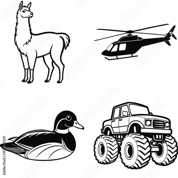Fototapeta Vector art of a llama, a helicopter, a duck, and a monster truck are isolated on white background in this black and white drawing