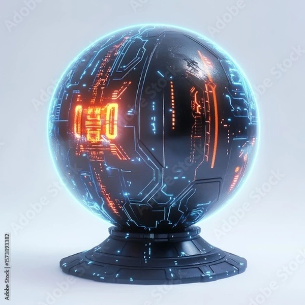 Fototapeta Futuristic glowing sphere tech ball with circuit design and digital display sci fi orb technology art