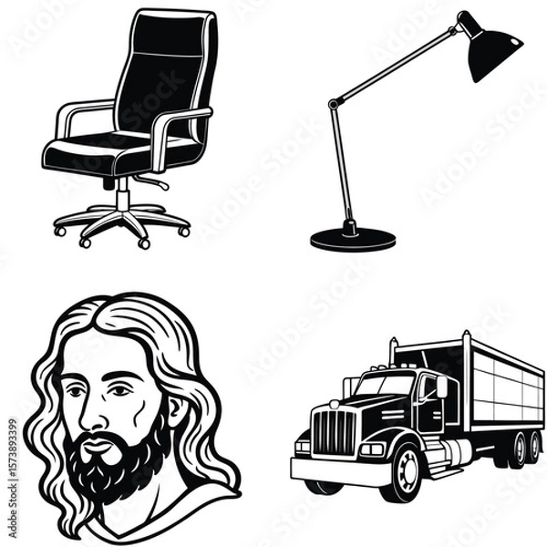 Fototapeta Vector art of an office chair, a lamp, , and a truck are isolated on white background in this black and white drawing