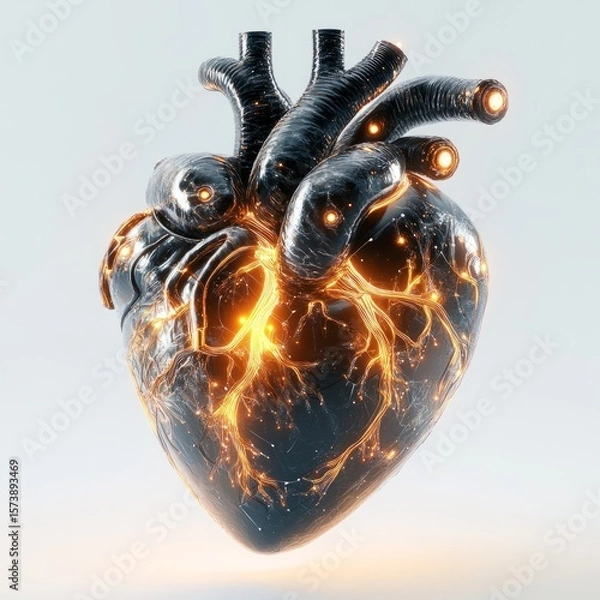 Fototapeta Futuristic heart concept art rendering of human organ with glowing veins and arteries design illustration
