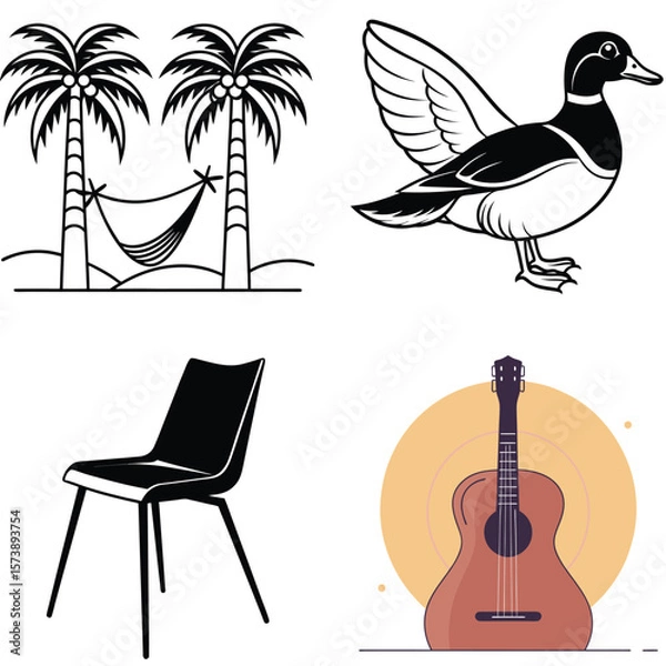 Fototapeta Vector art of a black and white illustration depicts palm trees with a hammock, a duck, a chair, and a guitar