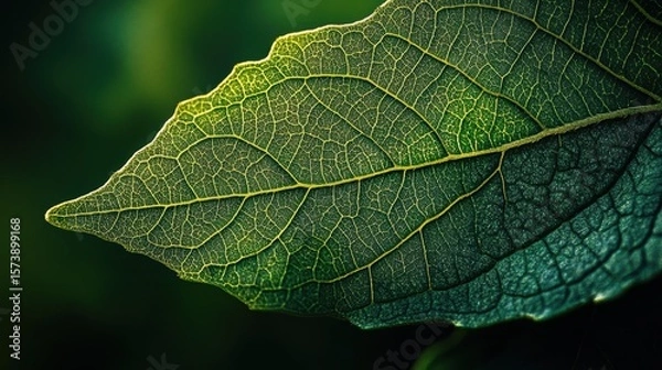 Fototapeta Close-Up of Detailed Green Leaf with Veins and Texture in Nature