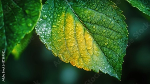 Fototapeta Close-up of Fresh Green Leaf with Water Drops and Gradient Tones