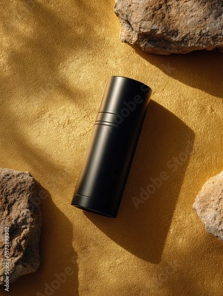 Fototapeta Modern Black Cylinder Container on Golden Surface with Rocks