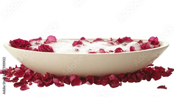 Fototapeta Luxury oval bathtub filled with bubble bath and rose petals, background isolated on a Transparent background, PNG file.