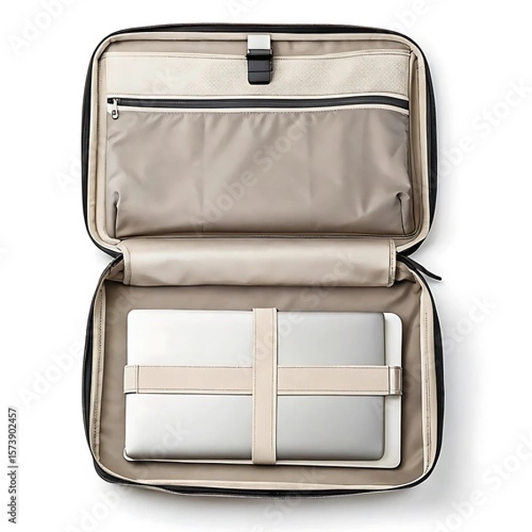 Fototapeta Open black laptop bag with beige interior and laptop secured by beige straps on a white background