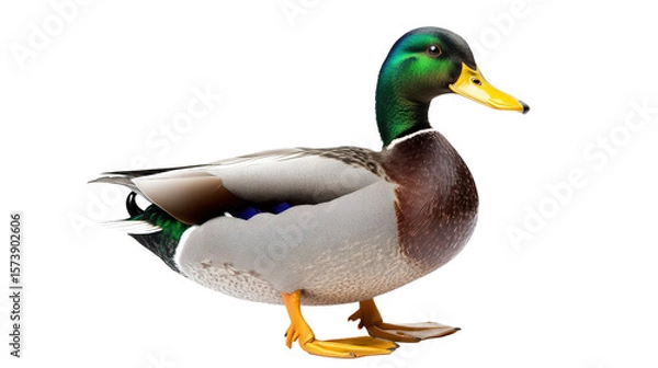Fototapeta Male duck with glossy green feathers and yellow beak, background isolated on a Transparent background, PNG file.