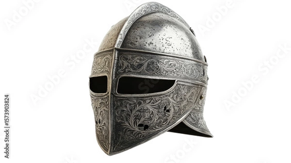 Fototapeta Medieval knight's helmet, steel with decorative engraving, background isolated on a Transparent background, PNG file.