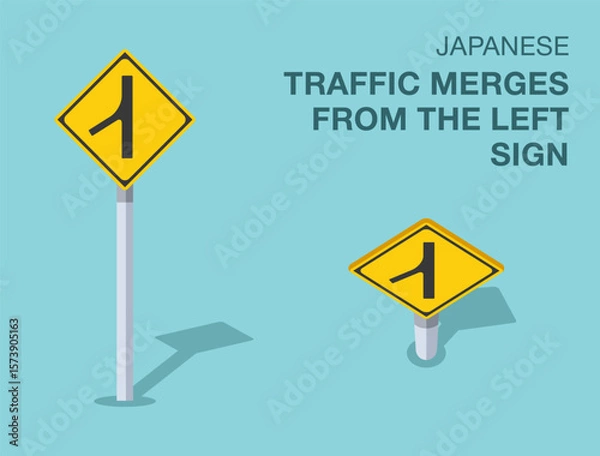 Fototapeta Traffic regulation rules. Isolated japanese "traffic merges from the left" road sign. Front and top view. Flat vector illustration template.