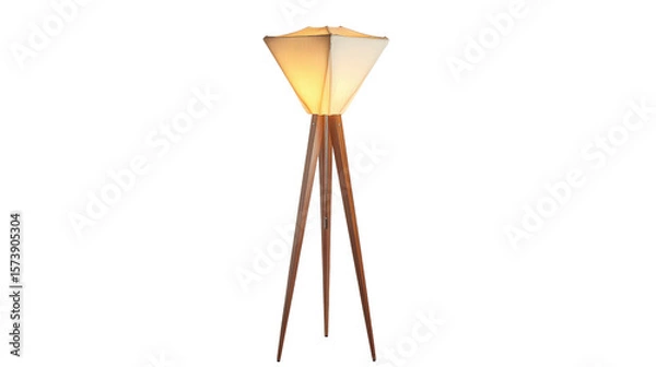 Fototapeta Mid-century modern floor lamp with geometric shade and sleek lines, background isolated on a Transparent background, PNG file.