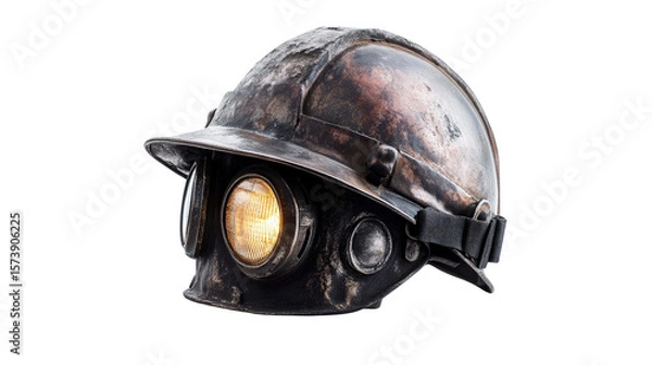 Fototapeta Miner's helmet with mounted headlamp and rugged surface, background isolated on a Transparent background, PNG file.