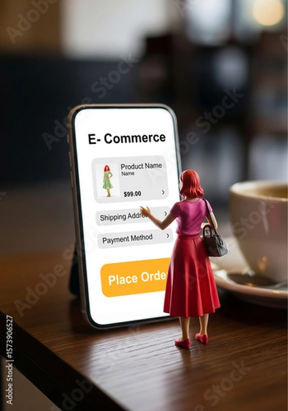 Obraz Female model shopping online with smartphone, Miniature model figures 
