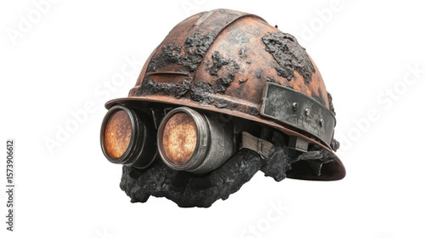 Fototapeta Miner's helmet with mounted headlamp and rugged surface, background isolated on a Transparent background, PNG file.