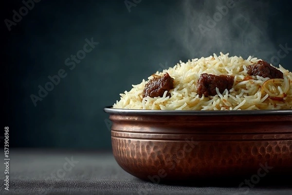 Obraz **A Clean, Commercial-Style Shot Of Pakistani-Style Beef Pulao Served In A Handcrafted Copper Bowl, With Soft, Long-Grain Rice And Tender Beef Pieces Layered With Caramelized Onions. Subtle Steam Risi