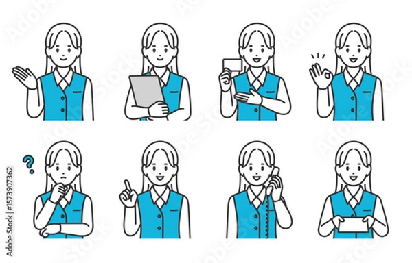Obraz いろいろな表情･ポーズをする女性医療事務のセット【人物ベクターイラスト素材】