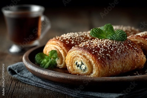Obraz **A Crisp Overhead Image Of Turkish Börek Flaky Pastry Rolls Filled With Feta And Parsley, Sliced Neatly And Dusted With Sesame Seeds. Arranged On A Rustic Tray With A Side Of Fresh Mint And Tea Glass