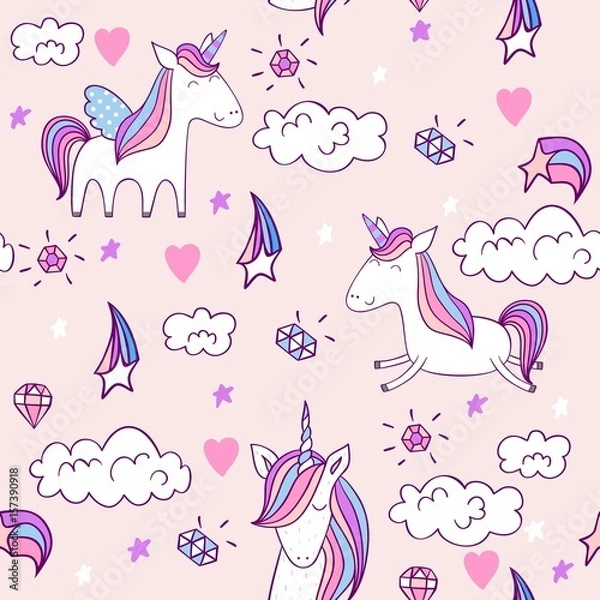 Fototapeta Magic cute unicorn with castle. Vector seamless pattern