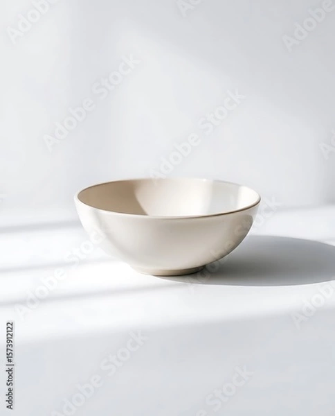 Fototapeta Minimalist creamy bowl on white surface with sunlight and shadow lines