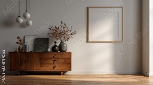 Fototapeta Mid century modern wooden sideboard with dried flowers vases and framed artwork in a minimalist room