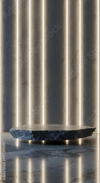 Fototapeta White-lit grey limestone texture on the wall with luxury stone desk and rustic marble details, evoking a modern minimalist style	
