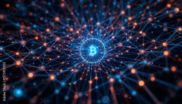 Fototapeta bitcoin network abstract blue and red background