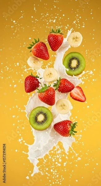 Fototapeta Colorful mix of strawberries, bananas, and kiwis explodes through milk in a dynamic splash, set on a bright yellow backdrop, symbolizing vitality, flavor, and healthy nutrition.	
