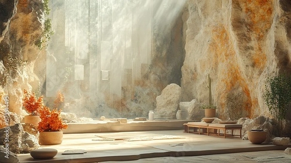 Obraz Sunlit cave interior with warm rock formations minimalist wooden seating and orange floral accents creating a peaceful natural sanctuary perfect for meditation reflection and quiet relaxation