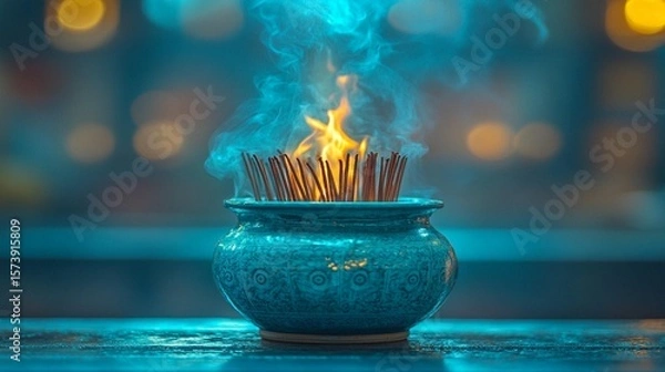 Obraz Burning Incense in Teal Vessel