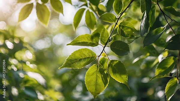 Obraz Natural background featuring soft-focus green foliage and sunlight filtering through the leaves. Gentle bokeh effect, bright and airy lighting.Perfect for wellness branding, eco-friendly packaging