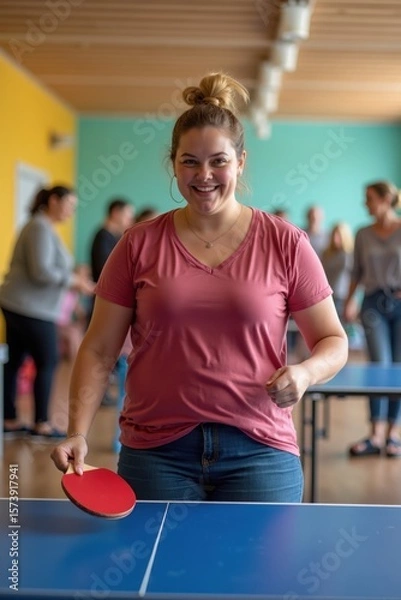 Fototapeta A plus-size white woman is playing table tennis in a bright community center with colorful walls and cheering people. The mood is joyful and lively