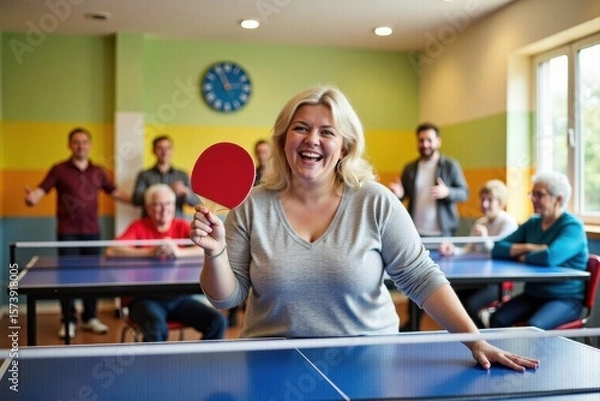 Fototapeta A plus-size white woman is playing table tennis in a bright community center with colorful walls and cheering people. The mood is joyful and lively