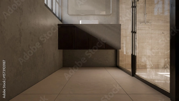 Fototapeta Minimalist bathroom interior 3D render featuring modern vanity, wall mirror, rainfall shower, and soft natural lighting through window. Concrete and wood textures enhance warmth and elegance.