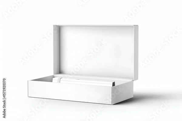 Fototapeta Opening Rectangular Box Revealing an Object Inside Against Plain Background. Mock up promotion information for marketing announcements and details, blank white space
