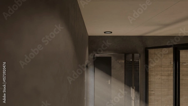 Fototapeta Minimalist bathroom interior 3D render featuring modern vanity, wall mirror, rainfall shower, and soft natural lighting through window. Concrete and wood textures enhance warmth and elegance.