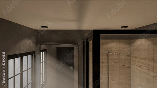 Fototapeta Minimalist bathroom interior 3D render featuring modern vanity, wall mirror, rainfall shower, and soft natural lighting through window. Concrete and wood textures enhance warmth and elegance.