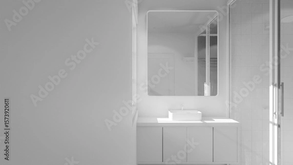Fototapeta Minimalist bathroom interior 3D render featuring modern vanity, wall mirror, rainfall shower, and soft natural lighting through window. Concrete and wood textures enhance warmth and elegance.